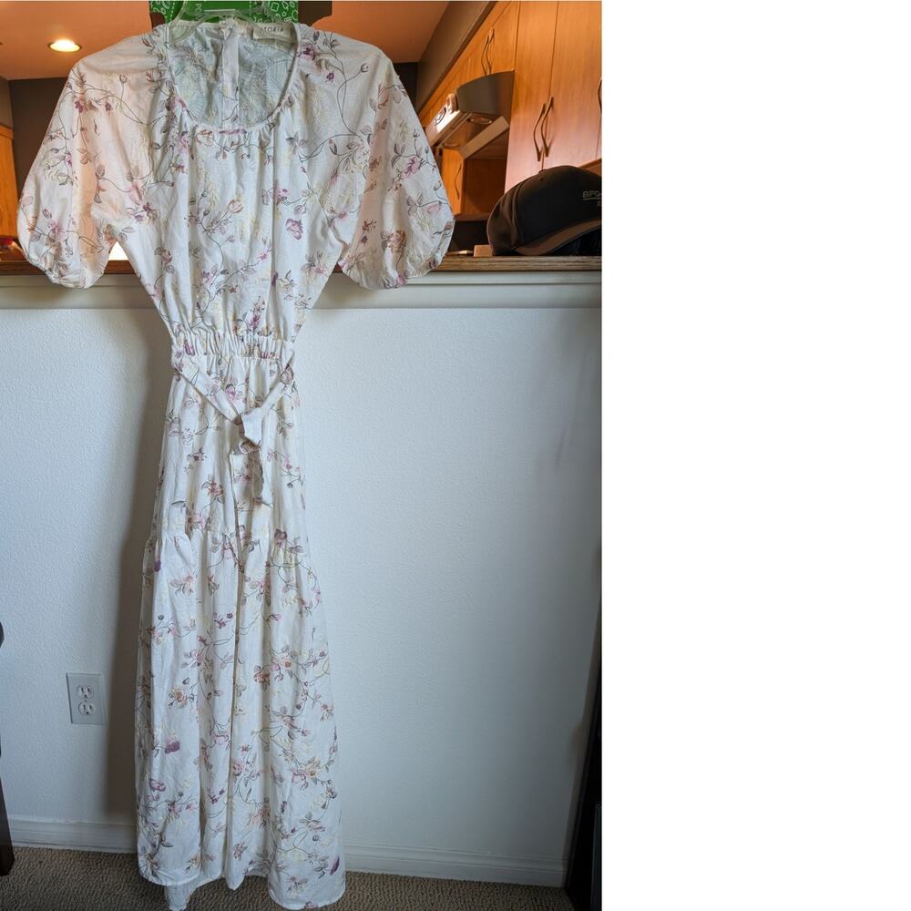 Storia White Maxi Dress with Pink Floral Embroidery Print S